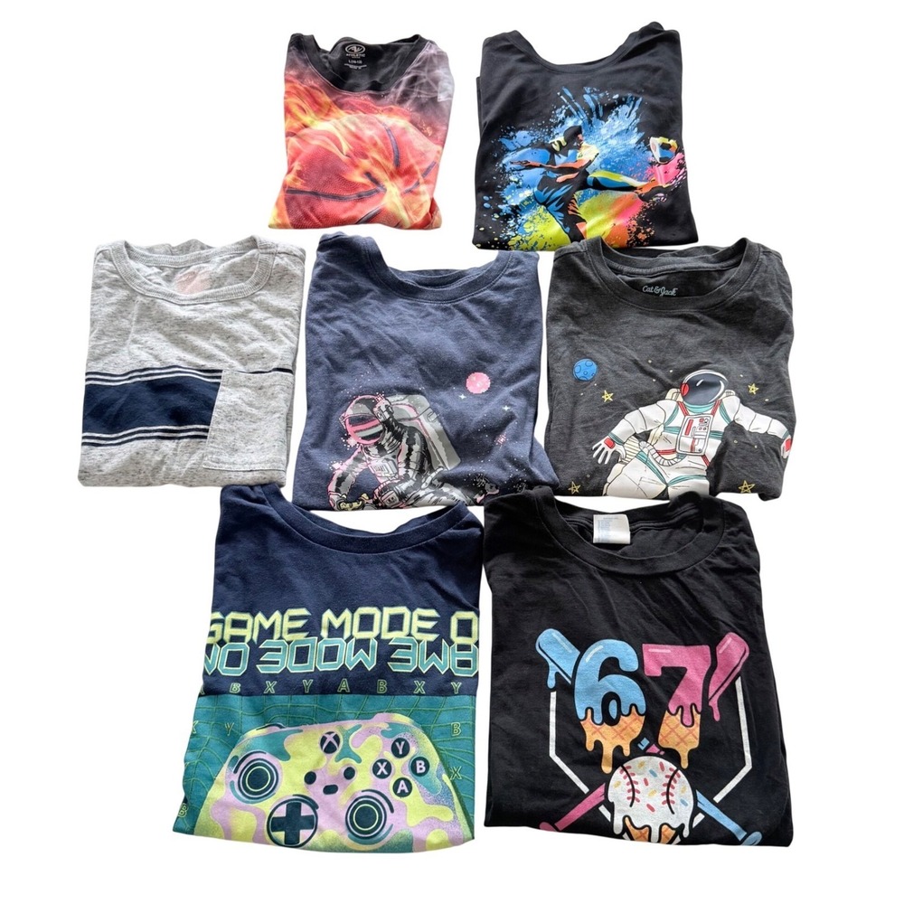 Lot of 7 Boys Large T-Shirt Athletic Works Cat & Jack Graphic Sports Space